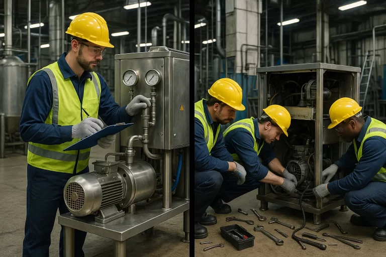 Side-by-side scene showing preventative maintenance on one machine and reactive repairs on another in an industrial workshop.