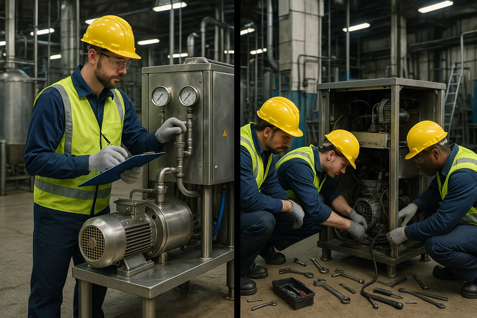 Side-by-side scene showing preventative maintenance on one machine and reactive repairs on another in an industrial workshop.