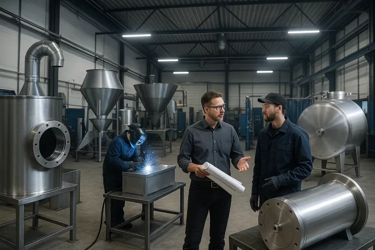 Project manager reviewing blueprints with fabricator in modern stainless steel workshop.