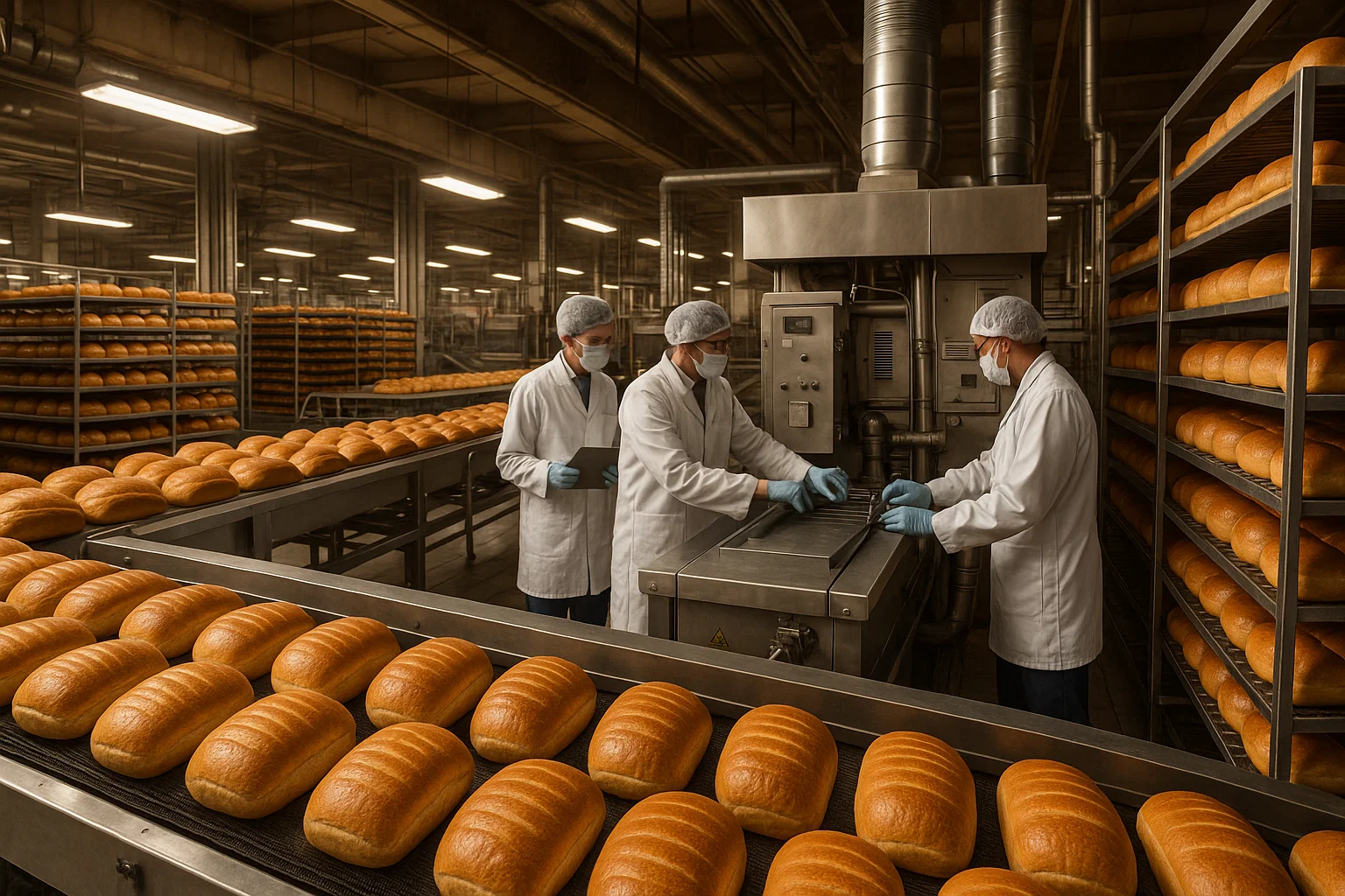 Commercial bakery production line with engineers inspecting stainless steel conveyors and fresh bread on racks.