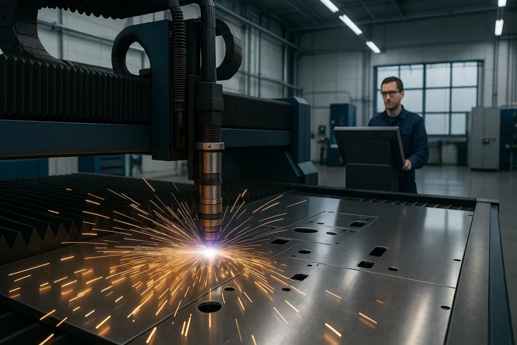 Modern CNC profiling machine cutting stainless steel with precision in an advanced fabrication workshop.
