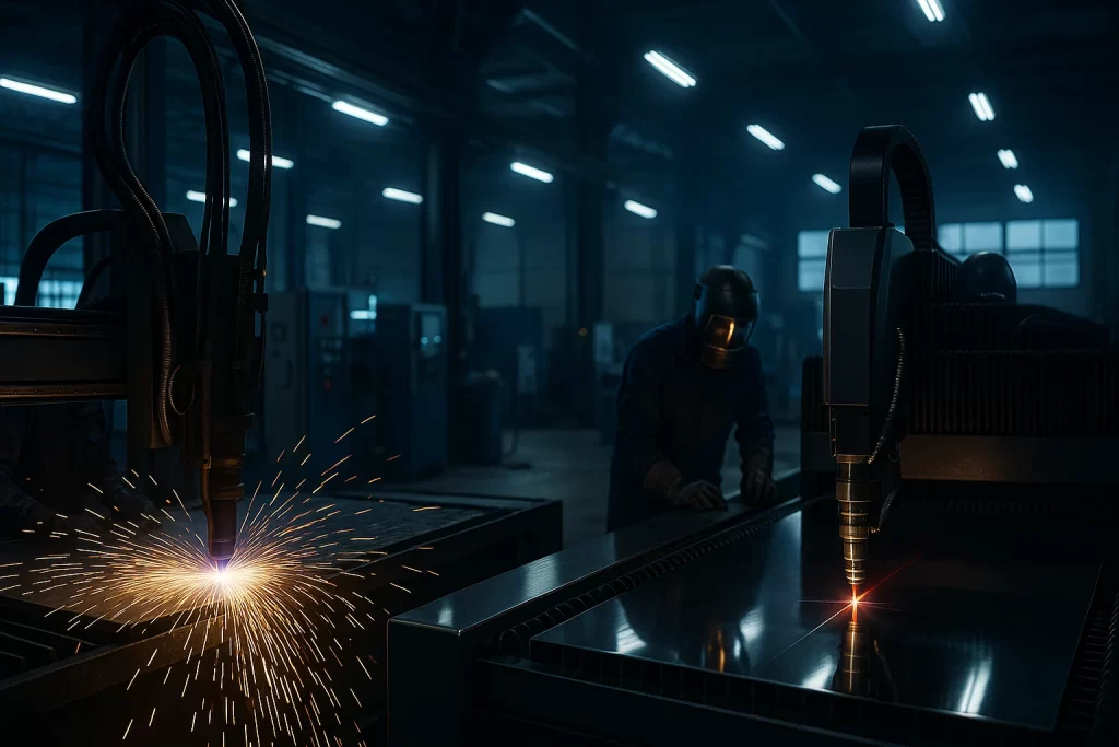 Wide view of CNC profiling and laser cutting machines operating side by side in a modern metal fabrication workshop.