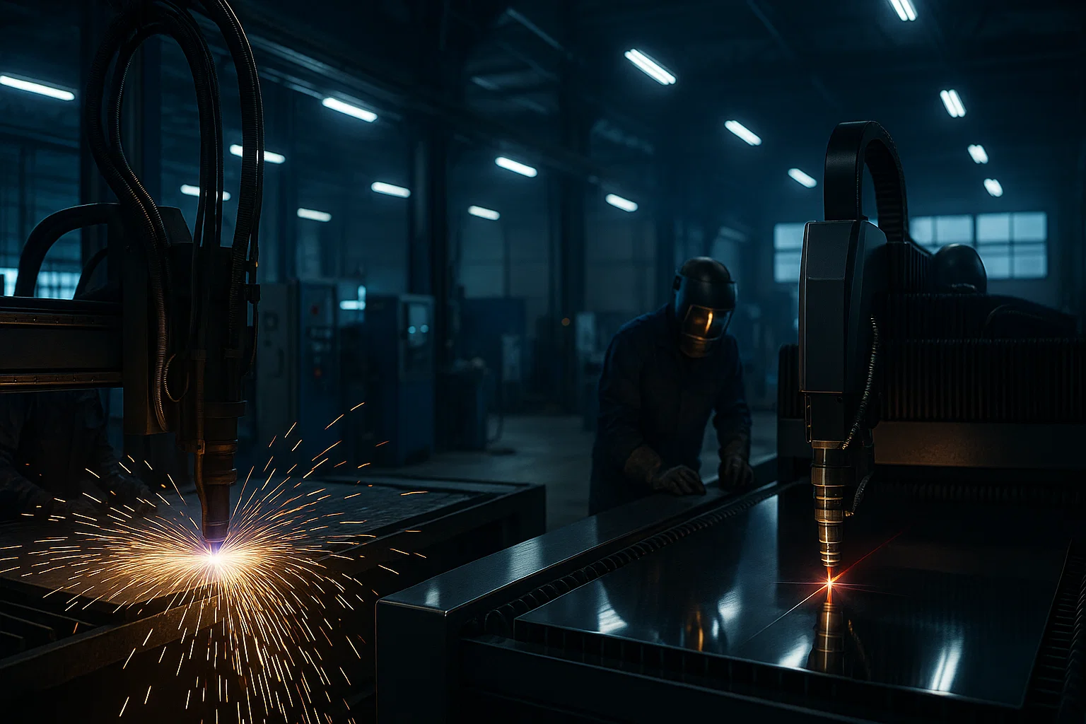 Wide view of CNC profiling and laser cutting machines operating side by side in a modern metal fabrication workshop.