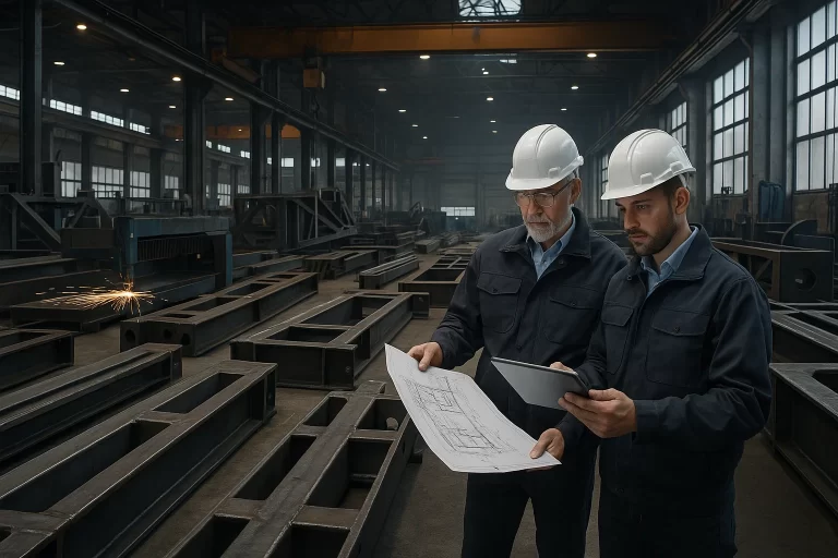 Wide-angle view of a large-scale metal fabrication facility with engineers reviewing CAD designs and CNC laser cutting in the background.