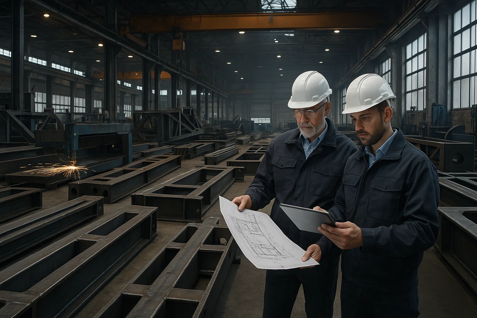 Wide-angle view of a large-scale metal fabrication facility with engineers reviewing CAD designs and CNC laser cutting in the background.