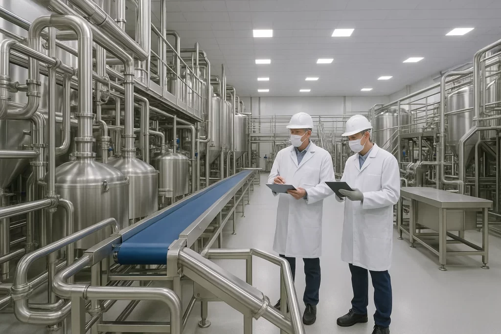 Bespoke stainless steel food processing machinery inside a modern, hygienic manufacturing facility, featuring tanks, pipework and conveyor systems.