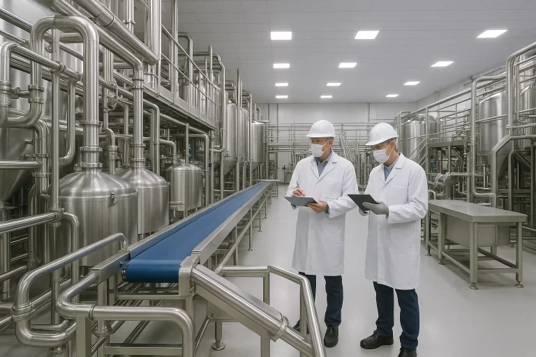 Bespoke stainless steel food processing machinery inside a modern, hygienic manufacturing facility, featuring tanks, pipework and conveyor systems.