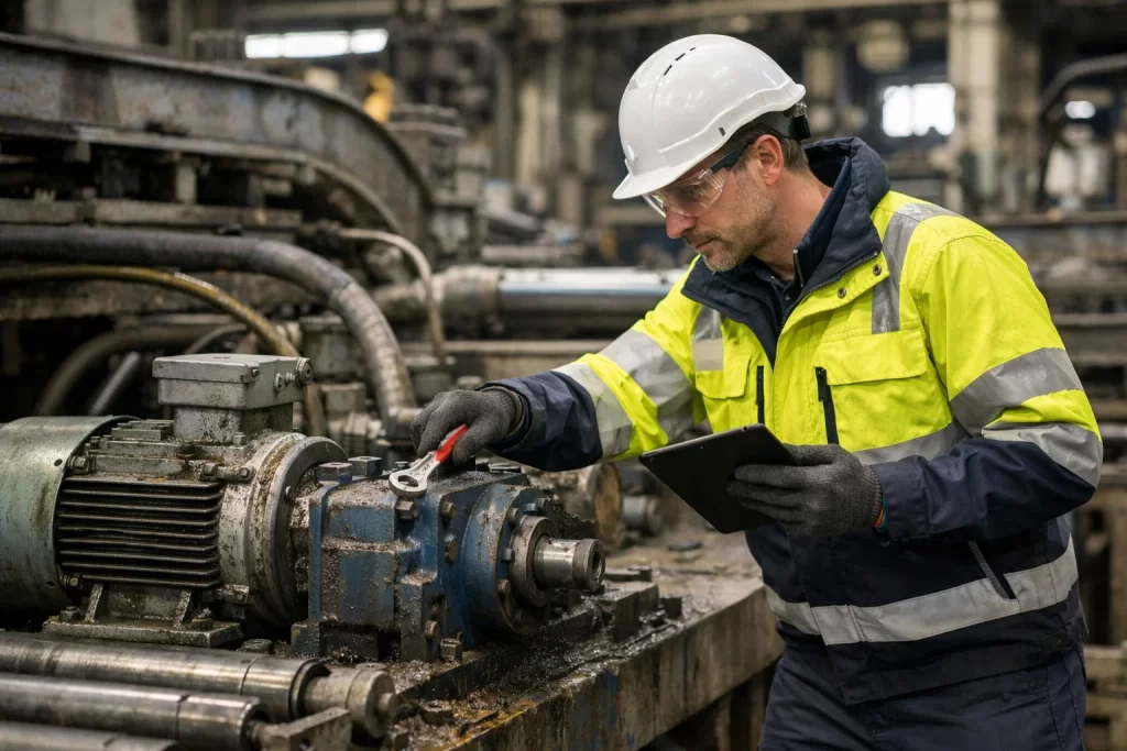 Industrial maintenance engineer inspecting heavy machinery on a manufacturing floor to reduce downtime and extend equipment life.