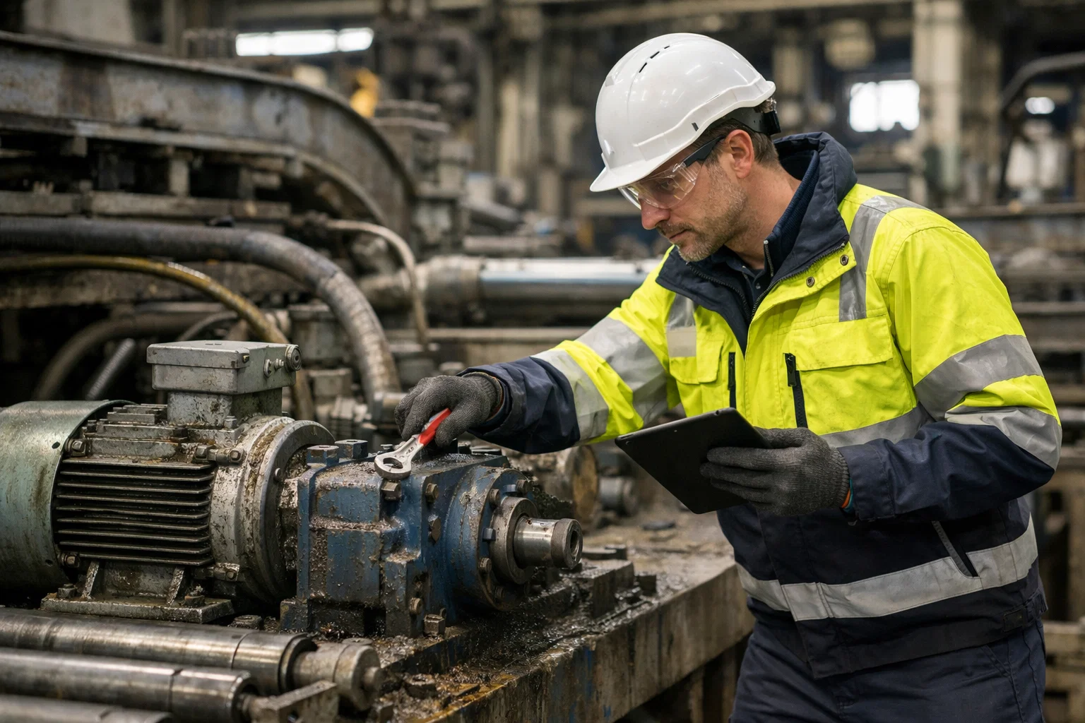 Industrial maintenance engineer inspecting heavy machinery on a manufacturing floor to reduce downtime and extend equipment life.