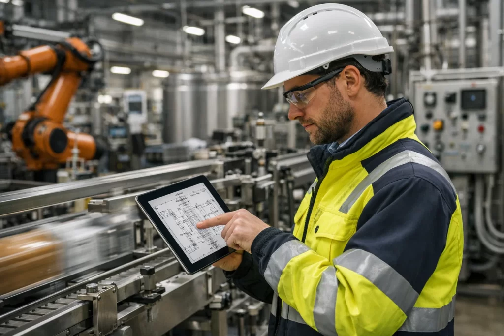 Mechanical engineer working on an industrial manufacturing floor, reviewing technical plans beside automated machinery and production equipment.