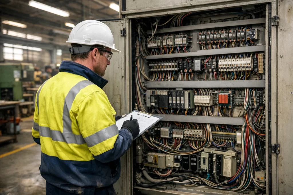 Industrial electrical engineer inspecting a control panel inside a UK manufacturing facility