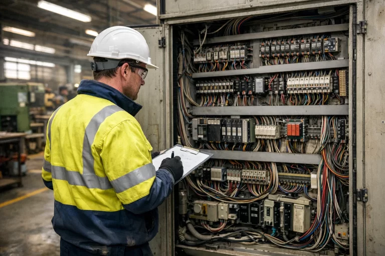 Industrial electrical engineer inspecting a control panel inside a UK manufacturing facility