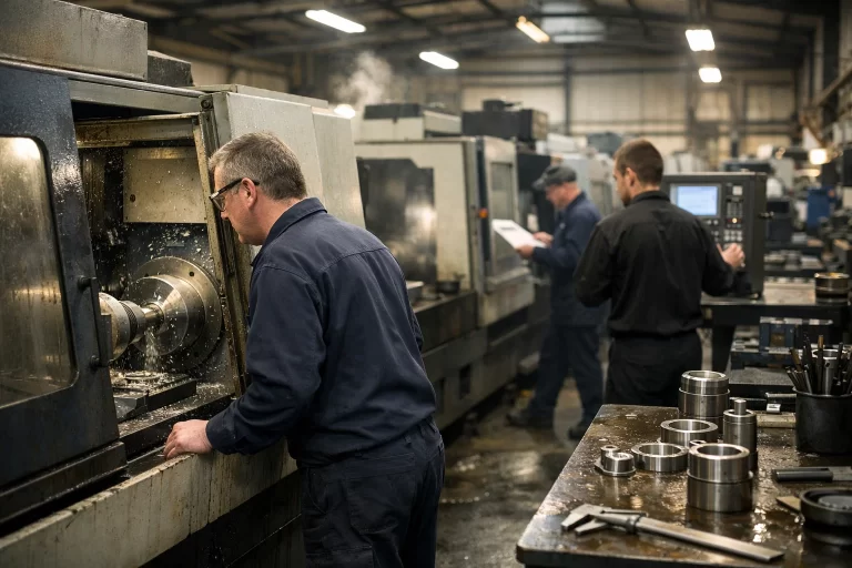 Precision engineering workshop in the UK with CNC machines producing metal components in a real manufacturing environment