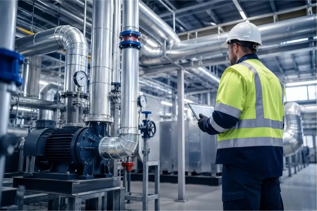 Mechanical installation engineer inspecting industrial HVAC piping and equipment.