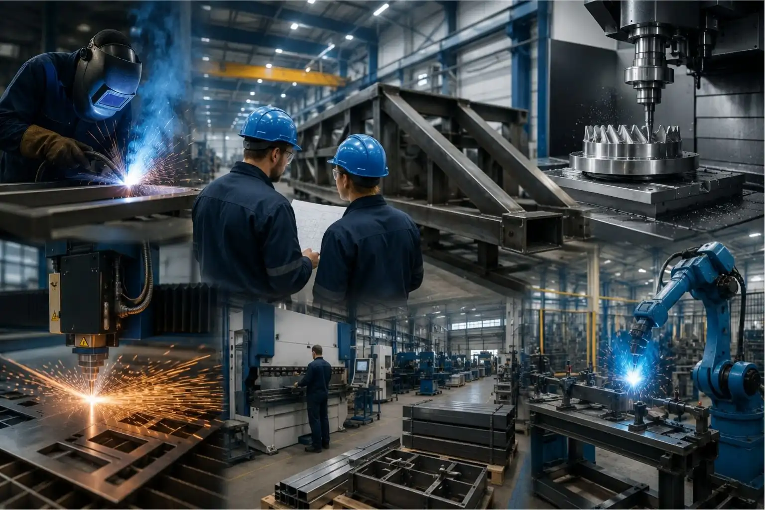 Industrial manufacturing processes with welding, machining, and robotic automation.