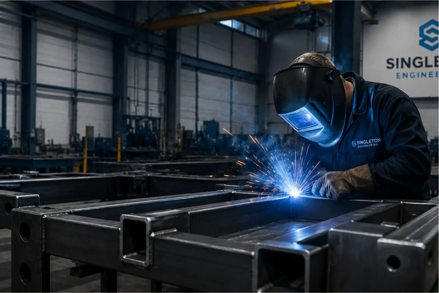 Welder fabricating steel frames inside industrial workshop with protective gear.