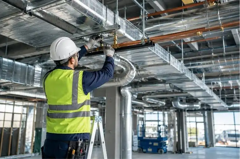 Mechanical installation engineer fitting overhead pipework in a commercial building