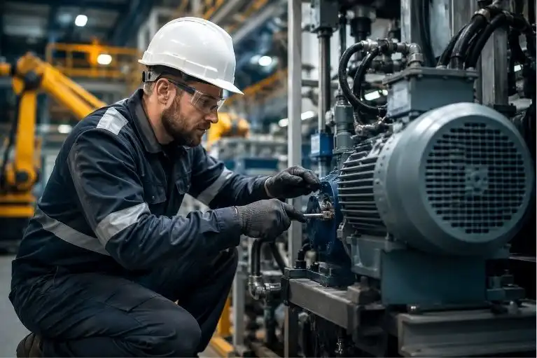 Technician in safety gear servicing an industrial electric motor.