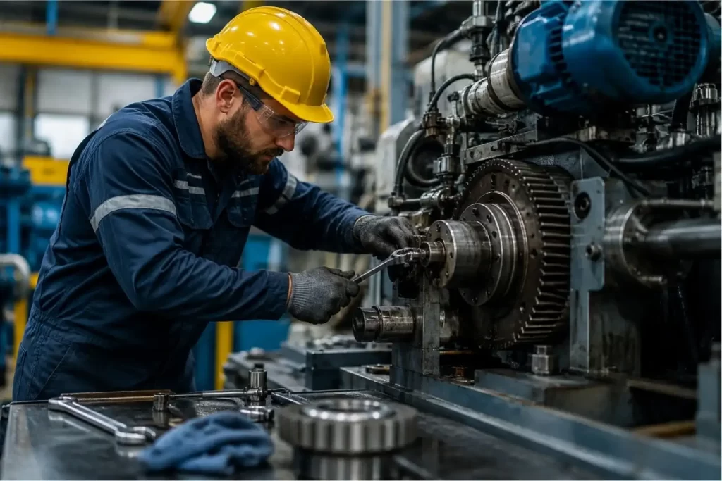 Technician repairing industrial motor in factory with precision tools.