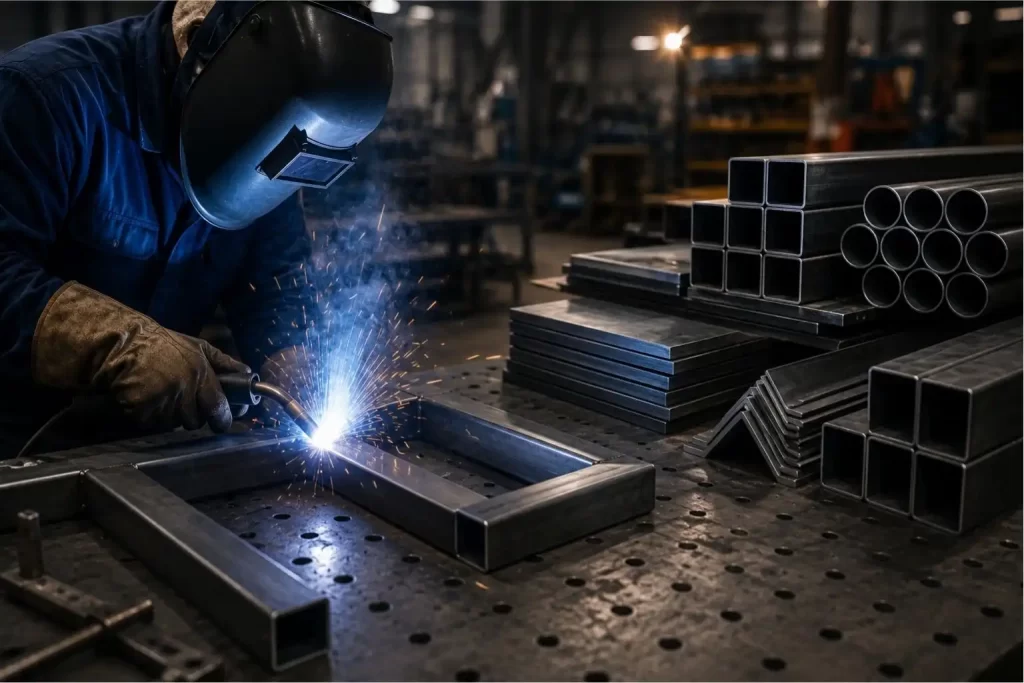 Metal fabrication welder joining steel frame with structural steel sections nearby