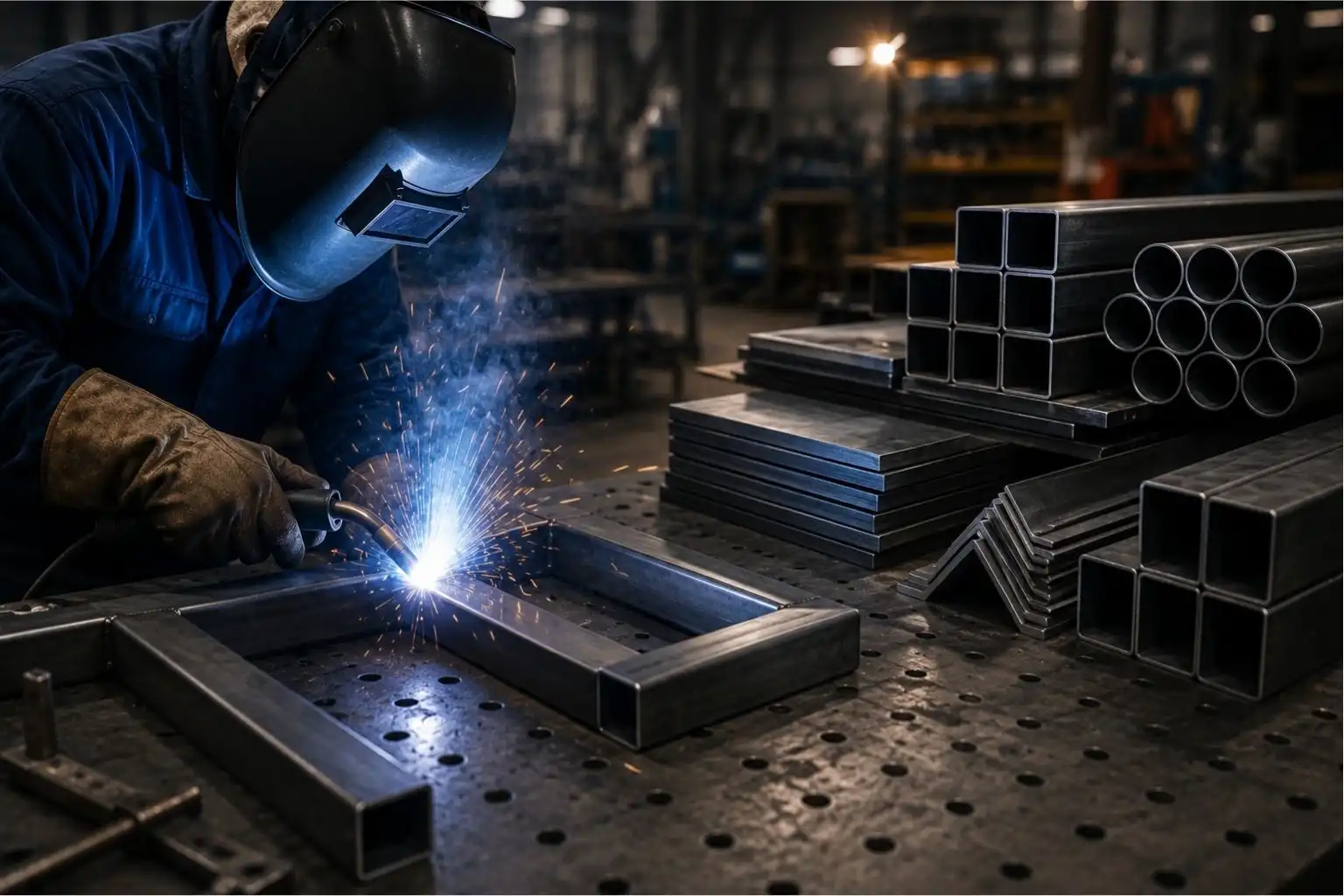 Metal fabrication welder joining steel frame with structural steel sections nearby