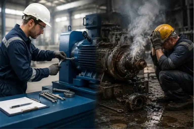 Technician repairs smoking industrial motor as coworker reacts to breakdown.
