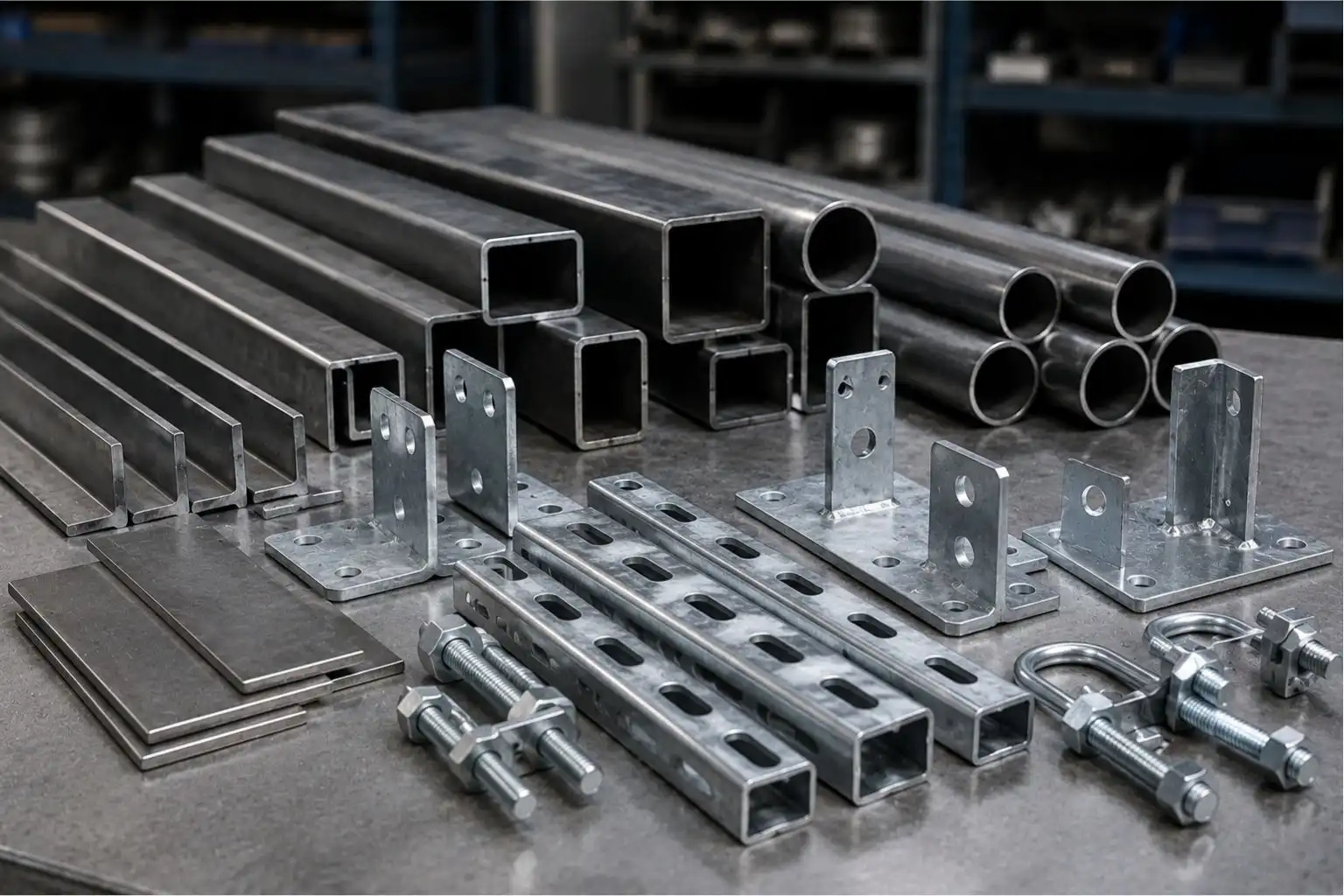 Steel fabrication materials including tubes, brackets, channels, and fasteners