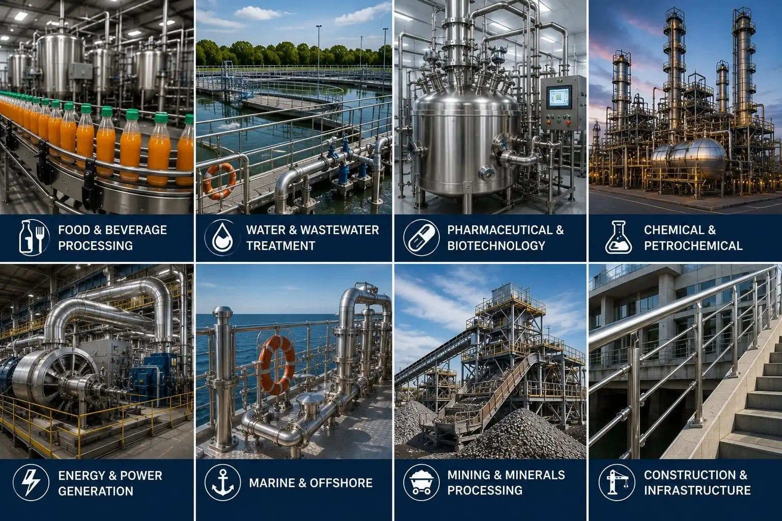 Industries using stainless steel fabrication across food, energy, marine, and construction.