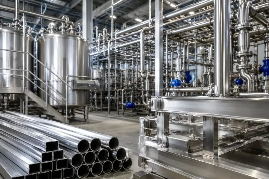 Stainless steel fabrication with industrial pipes, tanks, and custom metal frames.