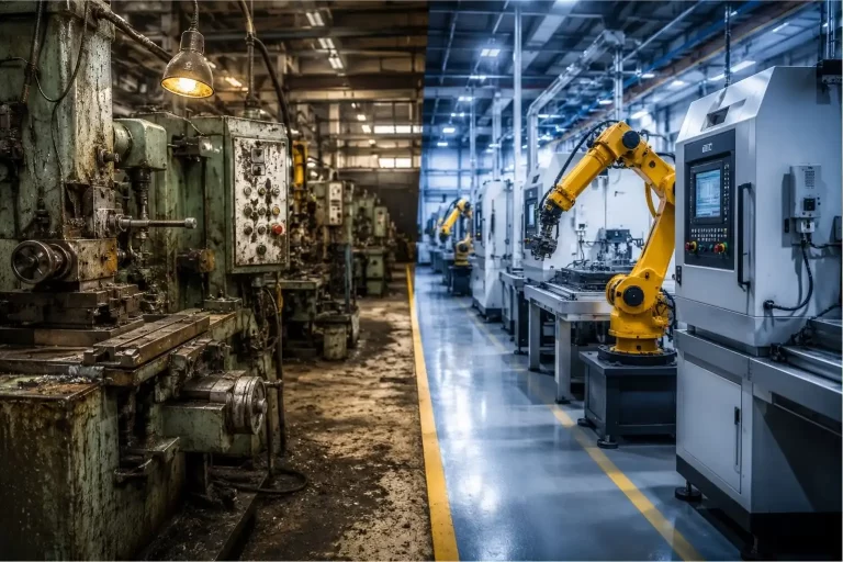 Old and modern manufacturing equipment showing the shift to automated factory technology