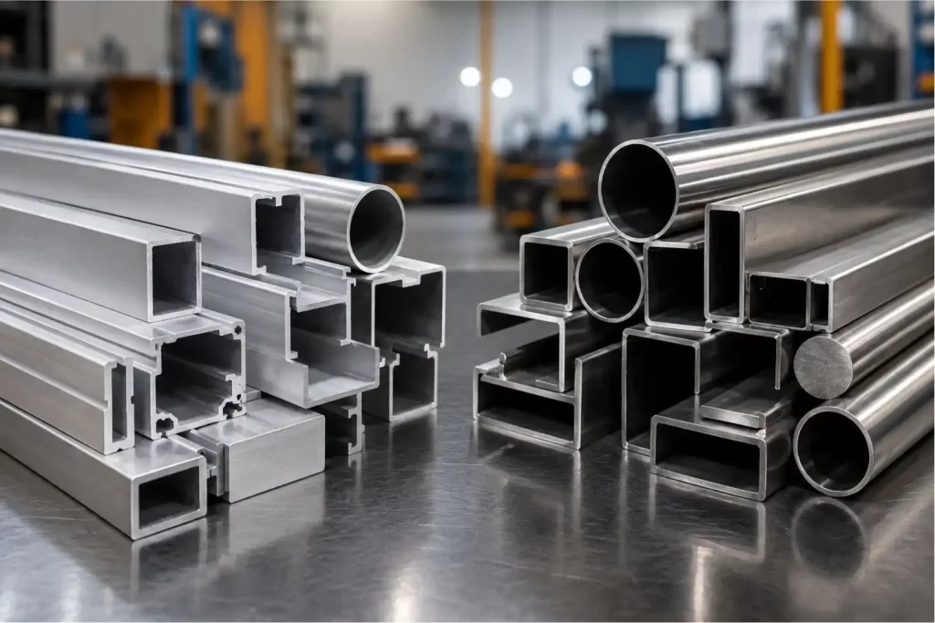 Aluminium and stainless steel profiles arranged for fabrication comparison.