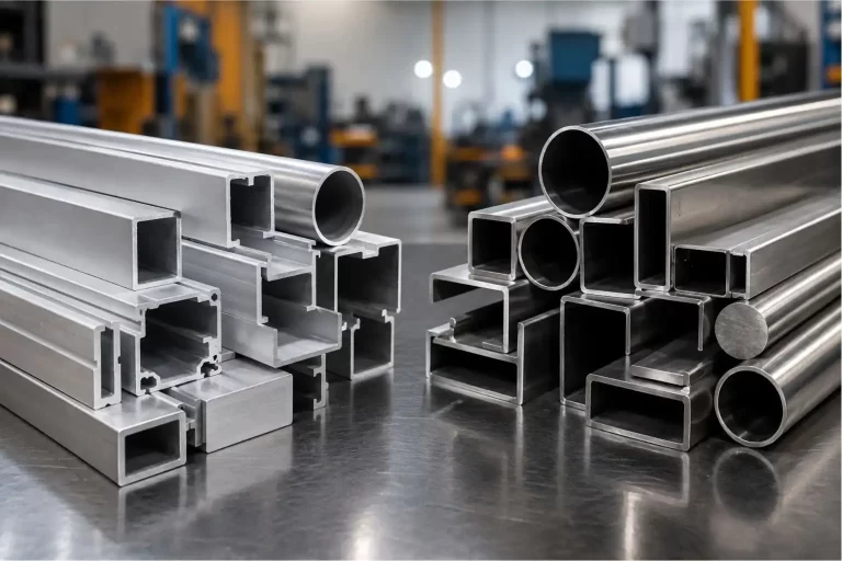 Aluminium and stainless steel profiles arranged for fabrication comparison.