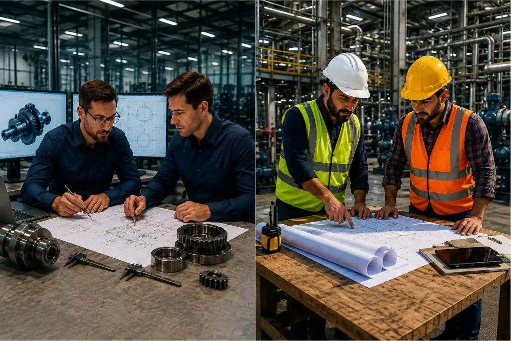 Engineers reviewing technical plans in a factory and industrial setting