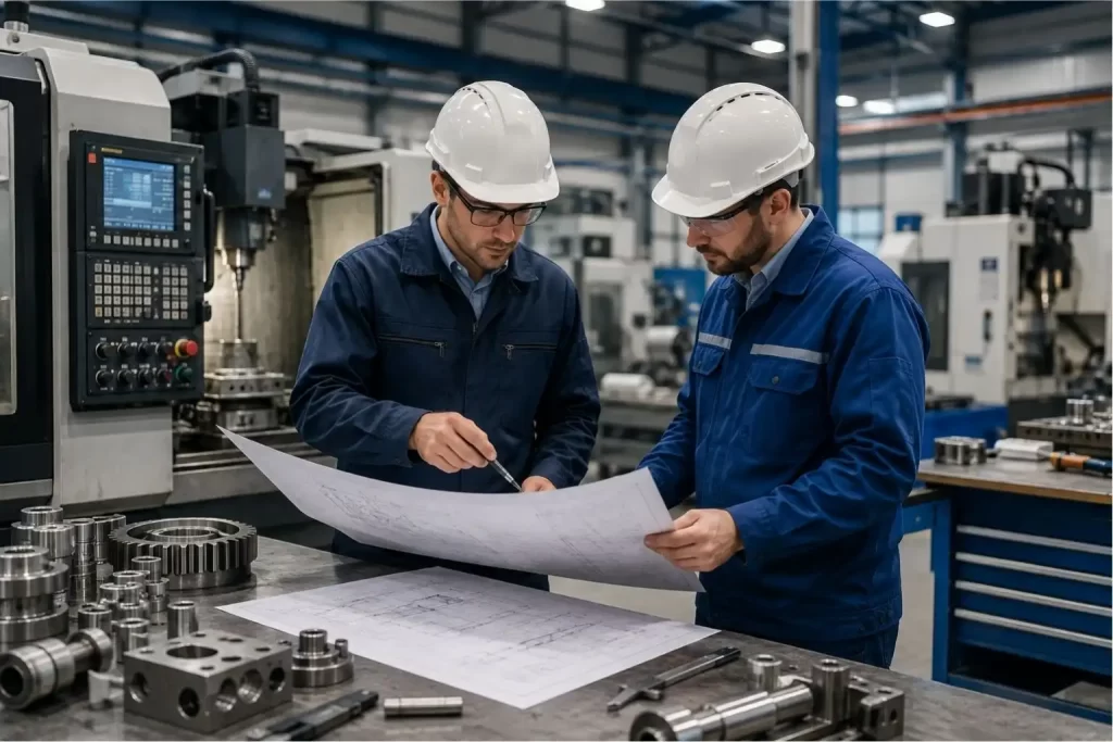 Two engineers reviewing technical drawings beside CNC machinery