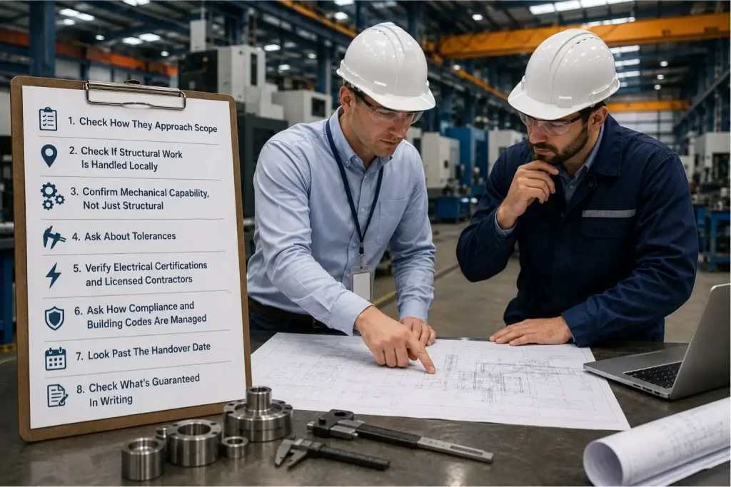 Two engineers reviewing industrial plans with a checklist and equipment