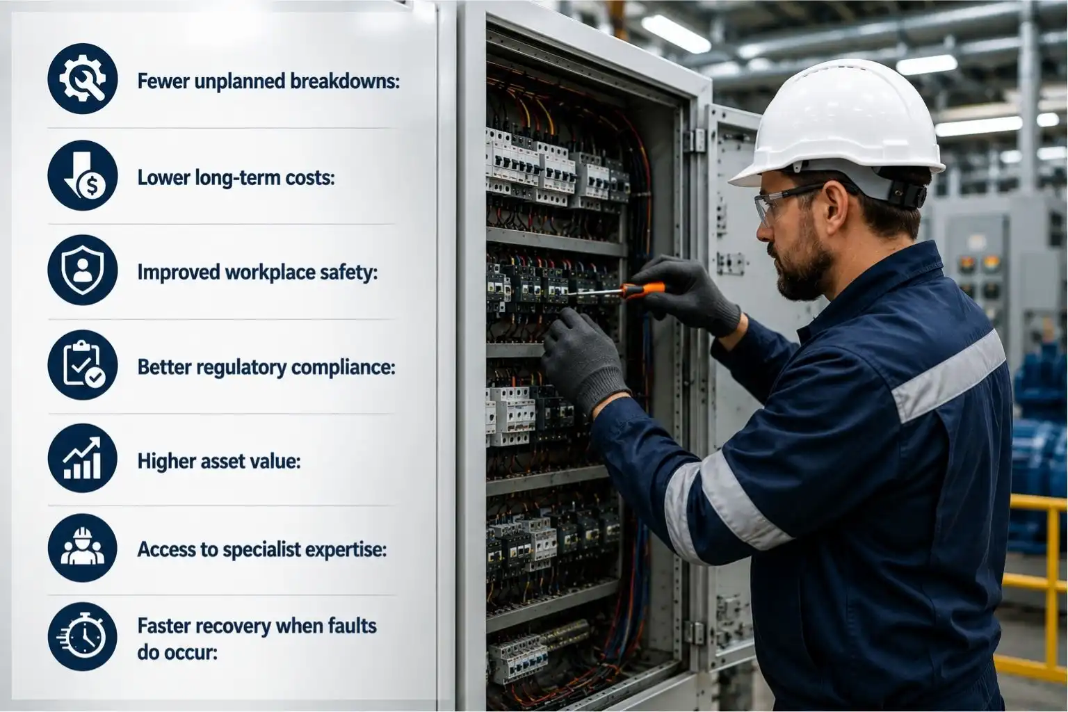 Industrial electrician inspecting electrical control panel for maintenance