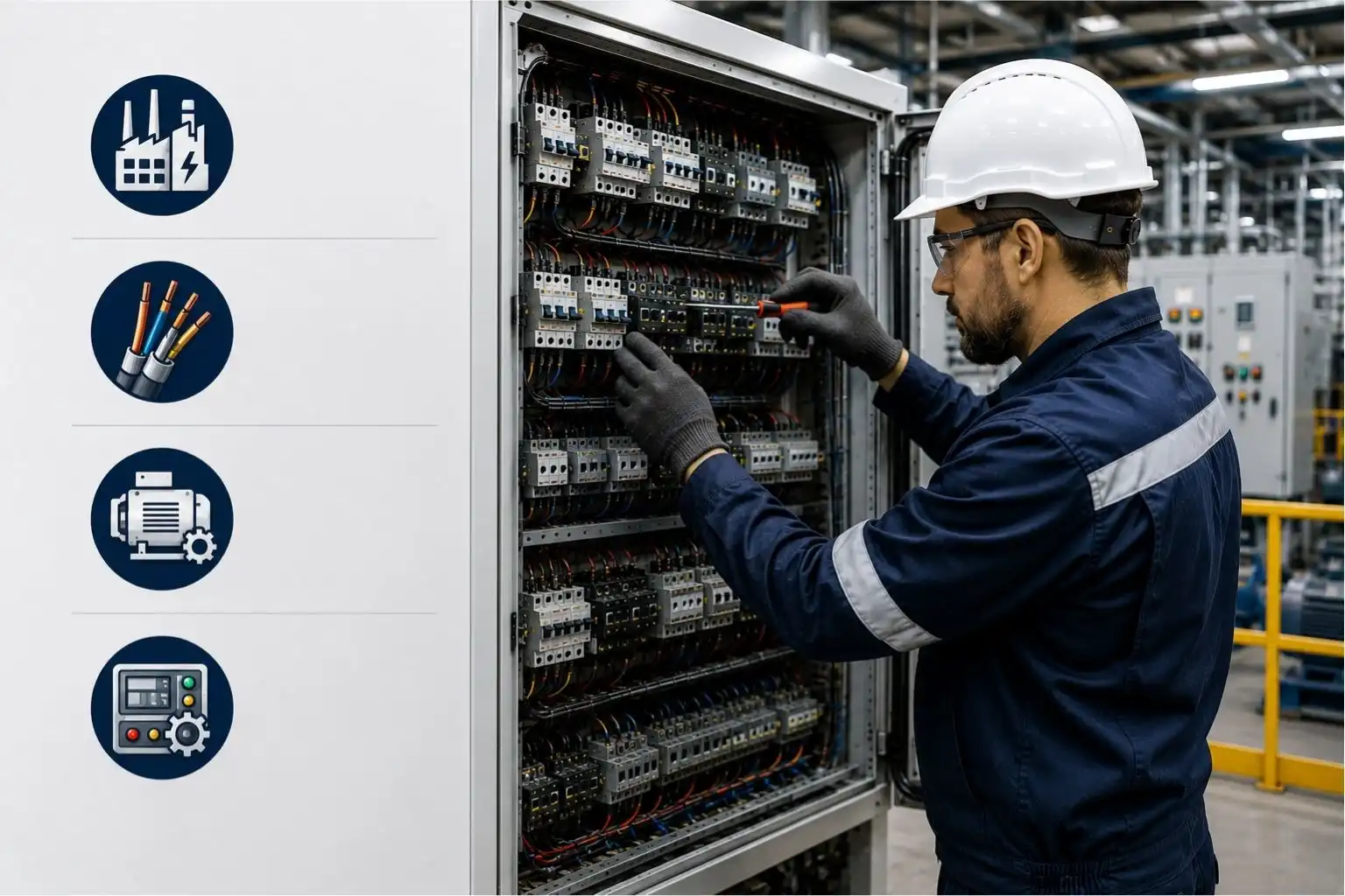 Industrial electrician servicing electrical control panel with system icons