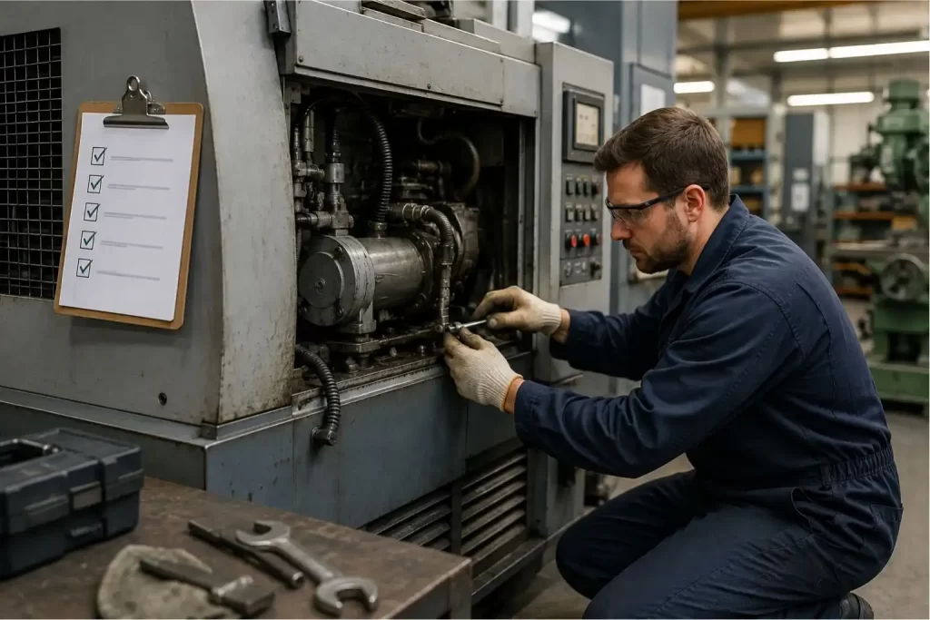 Technician performing maintenance on industrial manufacturing equipment.