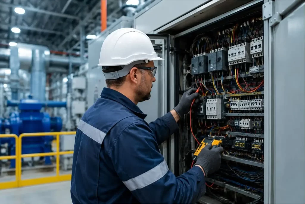 Industrial electrician testing electrical control panel with multimeter