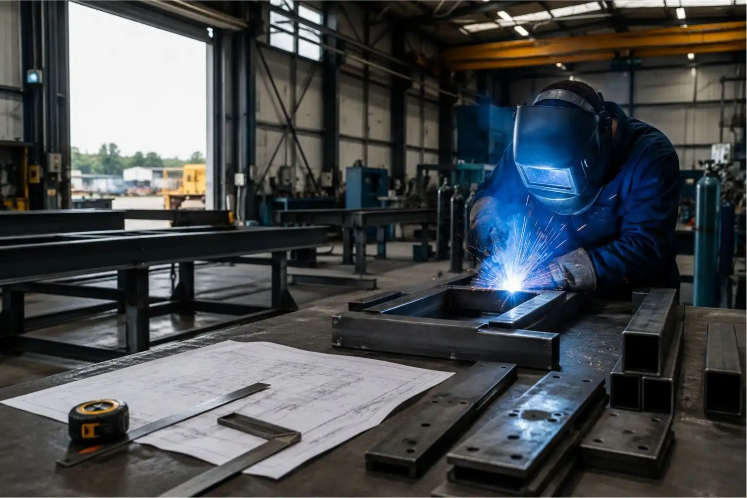 Welder joining a steel frame on a workshop bench beside a drawing