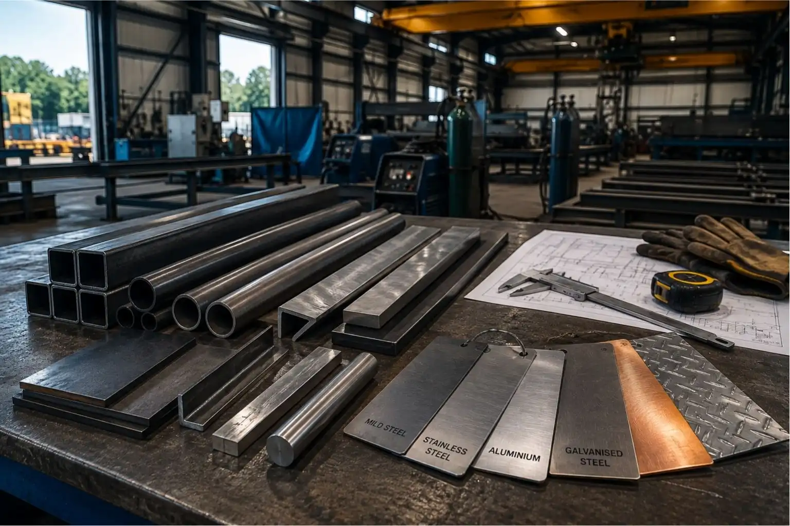 Mild steel, stainless, aluminium and galvanised samples with tube and box section
