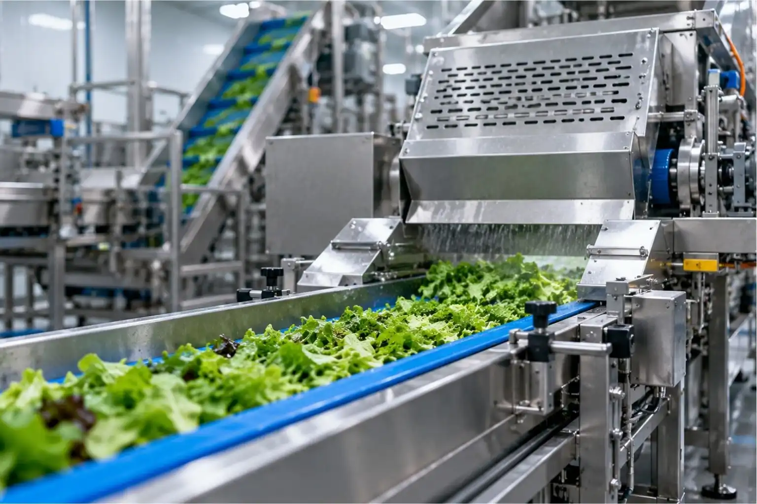 Leafy salad being washed and transported through food processing equipment