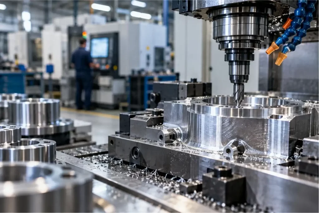 CNC milling machine cutting a precision metal component in a modern factory.