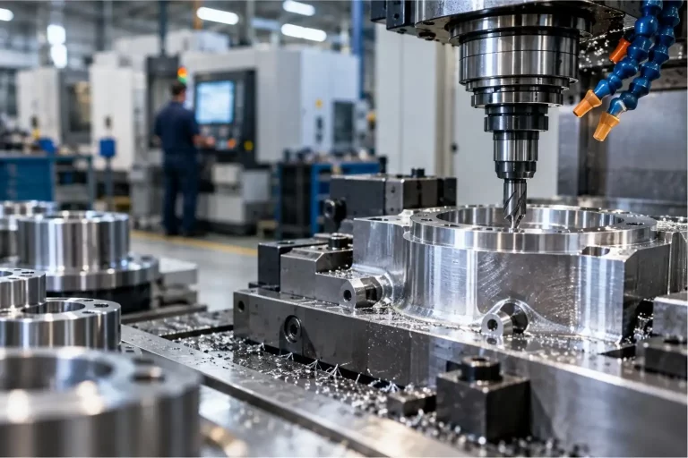 CNC milling machine cutting a precision metal component in a modern factory.