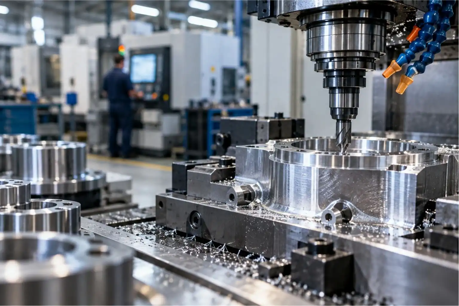 CNC milling machine cutting a precision metal component in a modern factory.