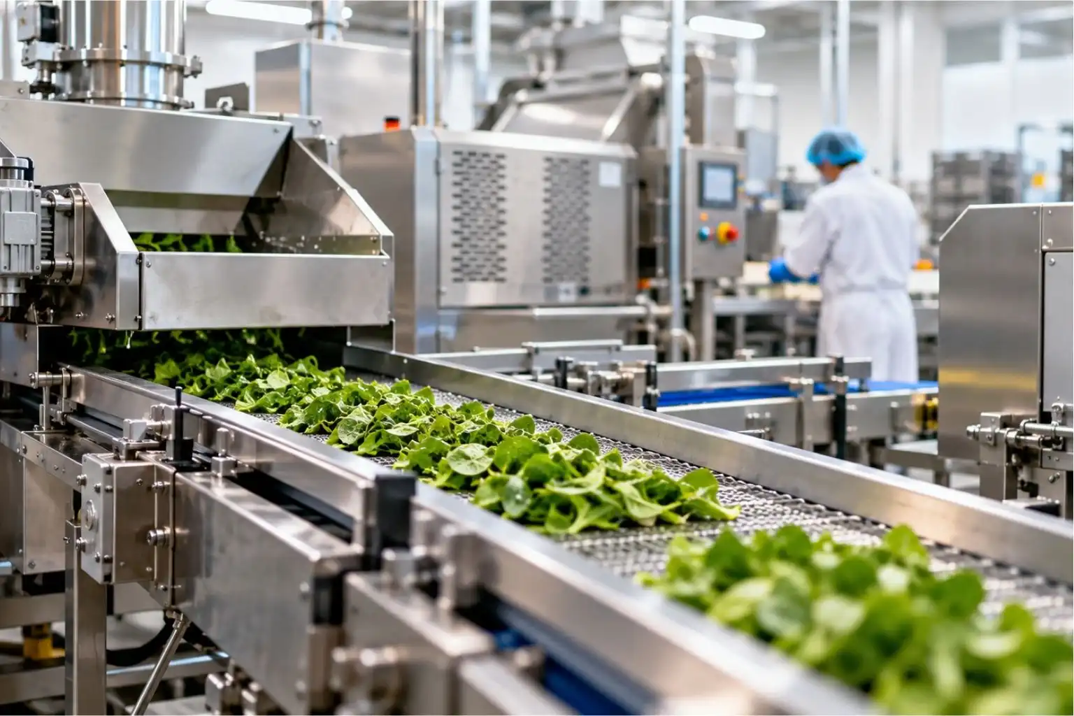 Fresh leafy greens moving along a stainless steel food processing line