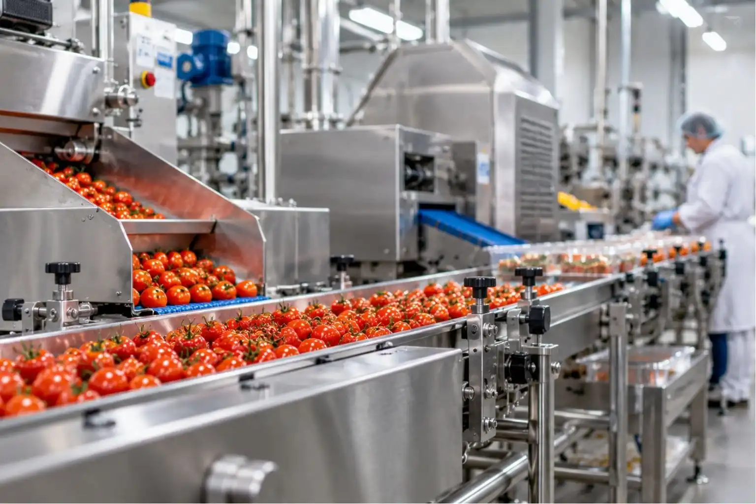 Fresh tomatoes moving through an automated food processing production line