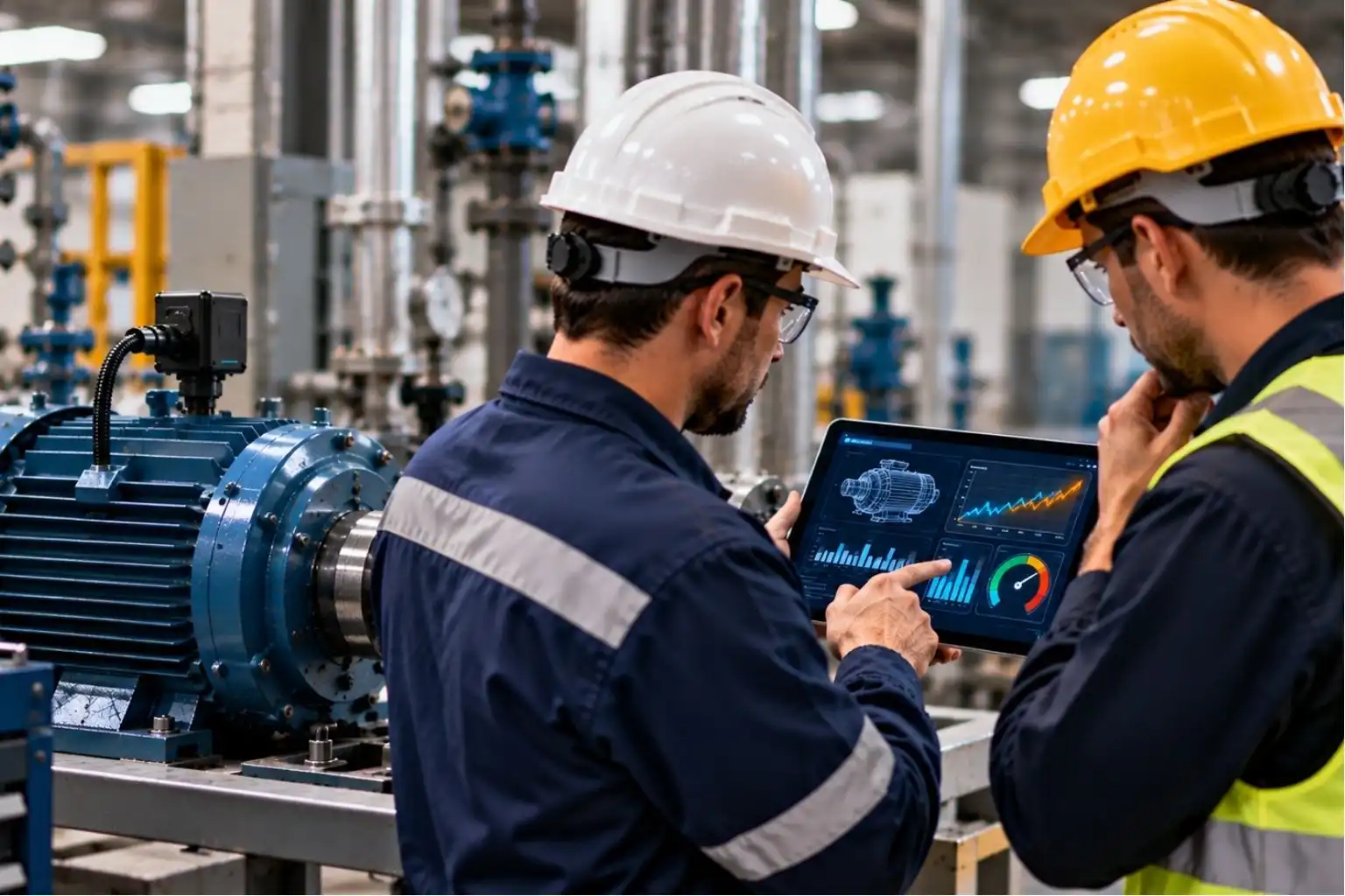 Two engineers reviewing machine performance data in a factory.
