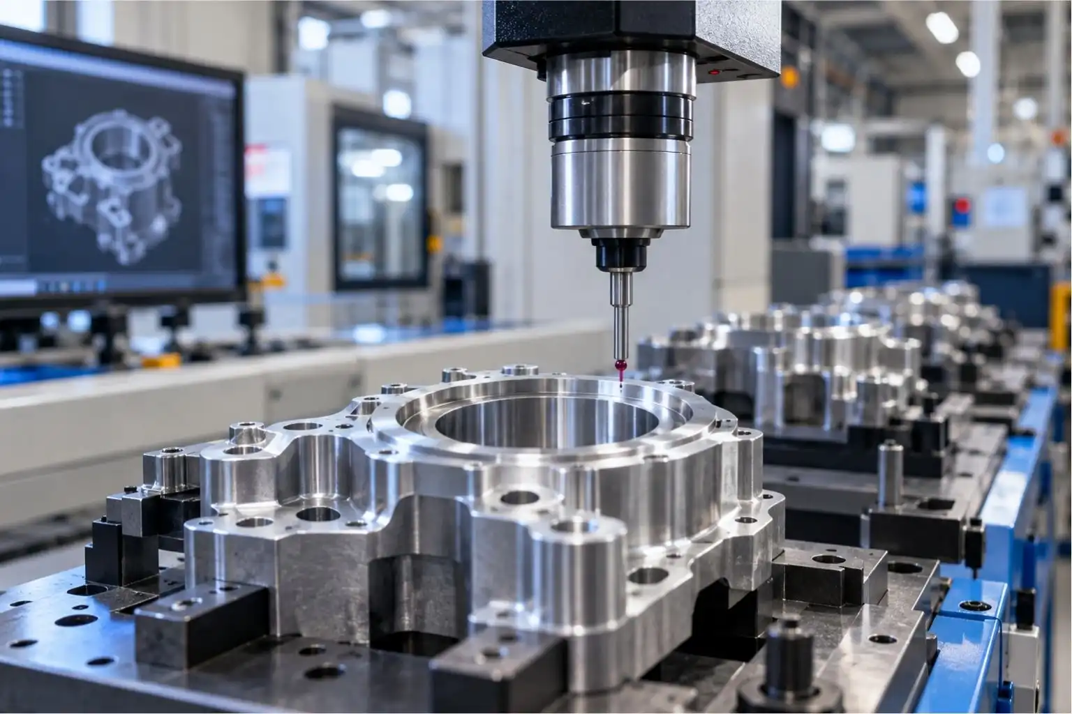 CNC inspection probe measuring a precision-engineered metal part.