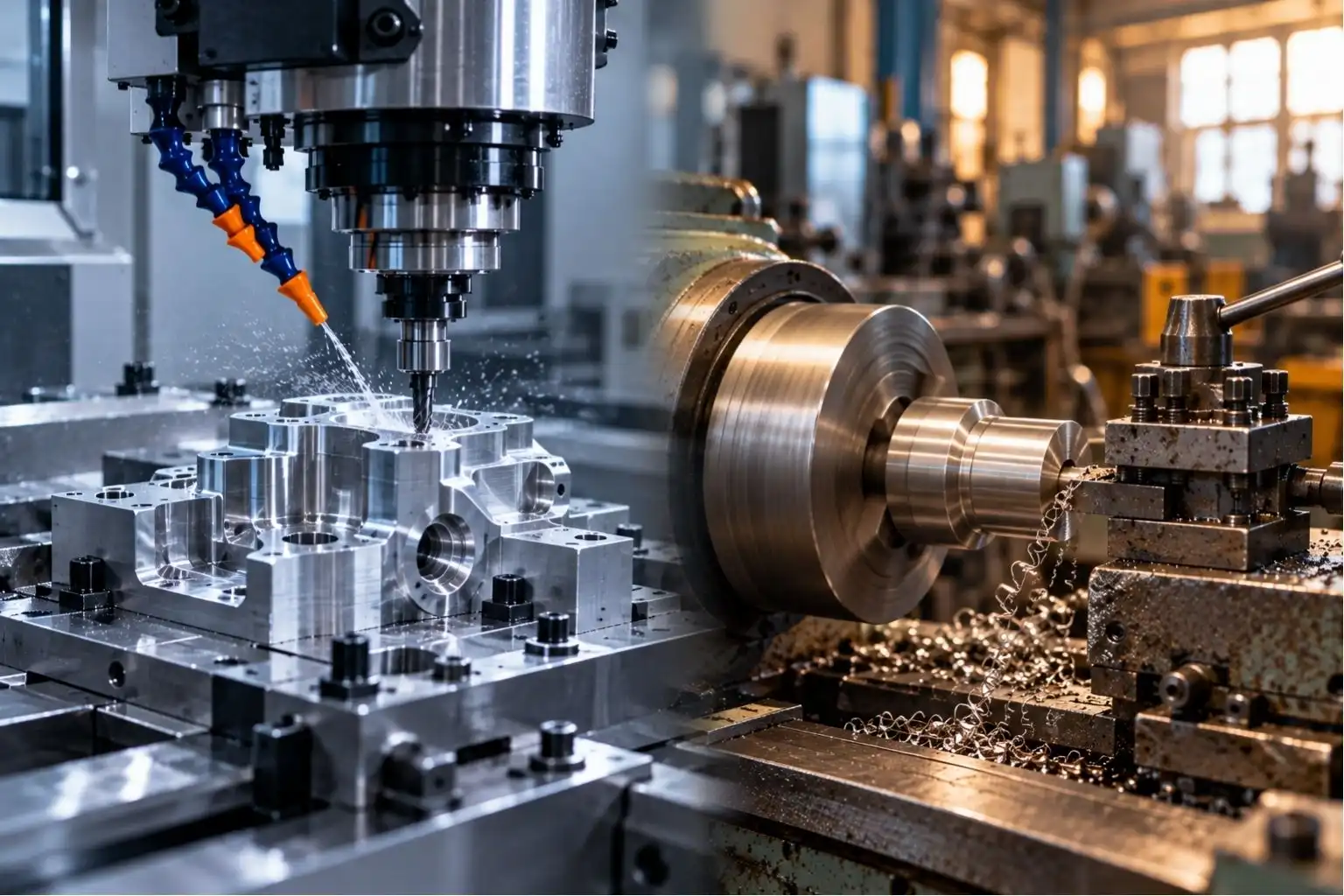Modern CNC milling compared with traditional lathe machining methods.